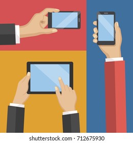 Hands holdingand touch gadgets. Tablet, computer, mobile, icon set. Vector flat design. Icon technology device. Gadget hands. Flat style icons. Vector illustration