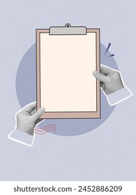 Hands holds a blank clipboard. Vector illustration in a modern collage style