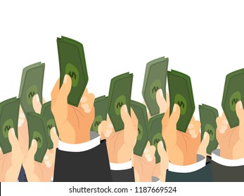 A lot of hands holds a bunch of banknotes with dollar sign. Auction sale concept illustration on white