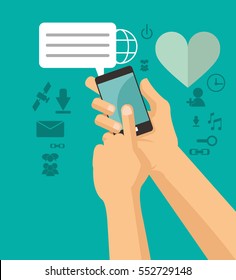 hands holds cellphone sending message chating