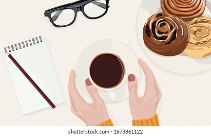 Hands holds a cup of coffee. A cup of coffee with a raisin bun. Top view. Vector illustration.