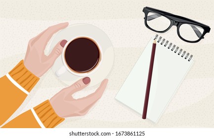 Hands holds a cup of coffee. A cup of coffee with a raisin bun. Top view. Vector illustration.