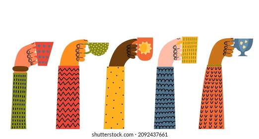 Hands holds cups tea  coffee  Hand drawn doodle illustration  