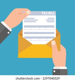 Hands holds envelope with tax declaration paper document. Tax day. Vector illustration in flat style - Vector illustration