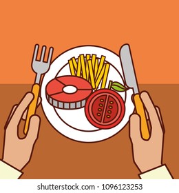 hands holds fork knife fish tomato french fries dinner on dish