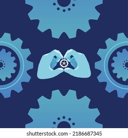 hands holds gear blue background
