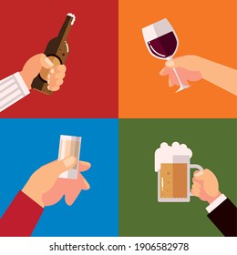 hands holds glasses cup bottle beer wine and cocktail drinks, cheers vector illustration
