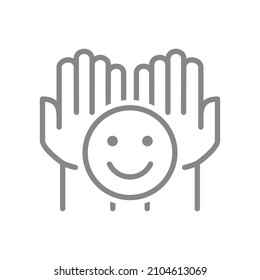 Hands holds happy face line icon. Share a good mood, emotions of satisfaction symbol