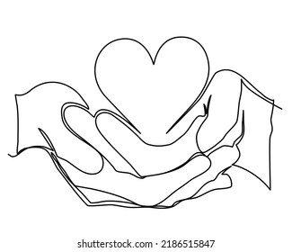 Manos sostiene un dibujo de la línea Heart Continuous Un estilo de moda de una línea. La mano dibujó una sola línea. Ilustración vectorial.Plantilla para el Día de San Valentín, colección romántica, impresión, boda, invitación, etc.
