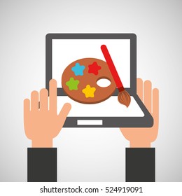 hands holds laptop-painting online education vector illustration eps 10