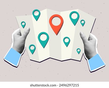 Hands holds a map with a pin marks. Target or destination concept. Modern collage vector illustration