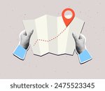 Hands holds a map with a way and a red pin mark. Target or destination concept. Modern collage vector illustration