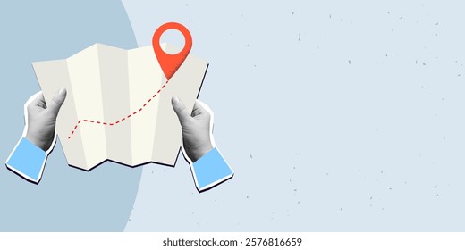 Hands holds a map with a way and a red pin mark. Target or destination concept, place for text. Modern photo collage style. Vector illustration