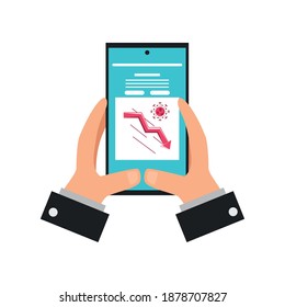 hands holds mobile with chart financial report crisis business vector illustration