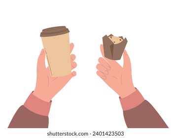 Hands holds paper coffee cup and muffin. Modern flat vector illustration isolated on white background