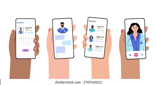 Hands holds phones with online clinic app. Booking doctors. Team of specialists is ready to help. Flat vector illustration. Medical poster, consult from home. Adult male and female cartoon characters