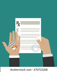 hands holds a prescription rx form and pills. taking pills, Healthcare, hospital and medical diagnostics. vector illustration in flat style