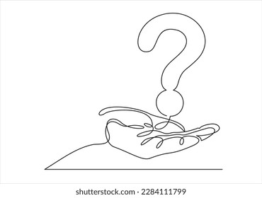 Manos con el signo de interrogación una línea de arte, el símbolo de la pregunta dibujado a mano, el contorno continuo de la idea. Concepto de preguntas frecuentes, encontrando respuesta. Trazo editable. Aislado. Ilustración del vector