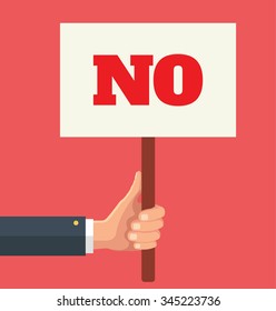 Hands holds sign with NO word. Social protest. Vector flat illustration