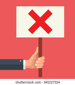 Hands holds sign with red cross. Social protest. Vector flat illustration