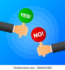 Hands holds sign yes or no. Green or red banner on blue background. Vector illustration.