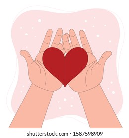 Hands holds a small heart. Decoration for Valentine's Day or other holiday. Love, care, help and mercy. Linear vector illustration