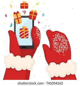 Hands holds a smart phone, online shopping, Christmas illustration, vector.