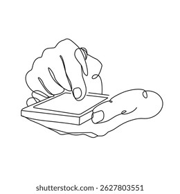 Hands Holds Smartphone Continuous One Line Drawing. Typing Communication Process Abstract Drawing One Line Style. Minimalist Business Concept. Vector. Not AI