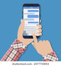 Hands holds smartphone with messaging sms app and sending SMS. Vector illustration in flat style