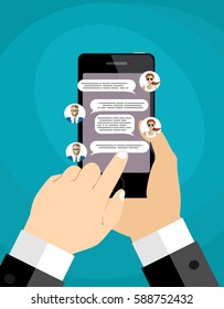 Hands holds smartphone with messaging sms app. Vector illustration in flat style