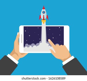Hands holds smartphone with rocket launch on a screen. Business product concept. Project start up and innovation product. Vector illustration.