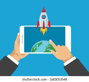 Hands holds smartphone with rocket launch on a screen. Business product concept. Project start up and innovation product. Vector illustration.