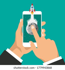 Manos sostiene un smartphone con lanzamiento de cohetes en una pantalla. Concepto de producto comercial. Producto de inicio de proyectos e innovación. Ilustración vectorial.	