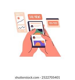 Hands holds smartphone, surfing internet. Person scrolling news feed, reading web posts, online content in social media. Doomscrolling concept. Flat isolated vector illustration on white background