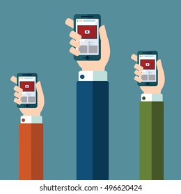 Hands holds smartphone with video player app on screen. Creative vector flat illustration. Modern style graphic design elements. Isolated on trendy red scarlet background