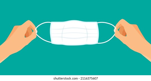 Hands holds surgical mask. Virus prevention and flu protection. How to wear medical maks. Vector illustration isolated on blue background.