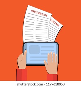 Hands holds a tablet. Modern Press Release Concept  For Web, On-Line News. Flat Design. Vector Banner.