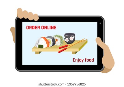 The hands holds the tablet. Order food delivery online. Tablet, sushi image and a titles. Isolated object on a transparent background.