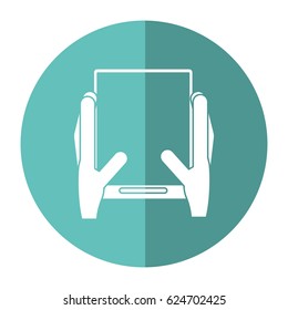 hands holds tablet touchscreen trendy shadow