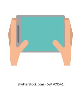 hands holds tablet touchscreen trendy