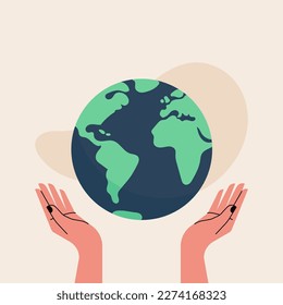 Hands up holds world globe. Concept of sustainability, Earth Day, climate change. Vector illustration, flat design