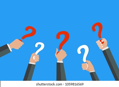 Hands holiding question marks on blue background in vector