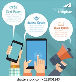 Hands holing gadgets with blank speech bubble for text. 