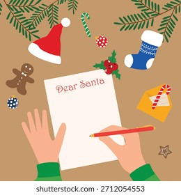 Manos sosteniendo la pluma y escribir una carta a Santa Claus. Navidades lista de deseos. Preparación para las vacaciones de invierno Año Nuevo. Fondo festivo con Ilustración vectorial de decoración de temporada 