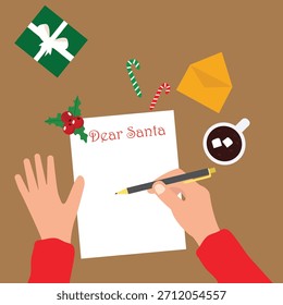 Manos sosteniendo la pluma y escribir una carta a Santa Claus. Navidades lista de deseos. Preparación para las vacaciones de invierno Año Nuevo. Fondo festivo con Ilustración vectorial de decoración de temporada 