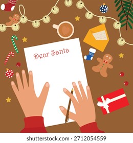 Hands holing pen and write a letter to Santa Claus. Christmas wish list. preparing for the winter holidays new year. Festive background with seasonal decoration  vector illustration 