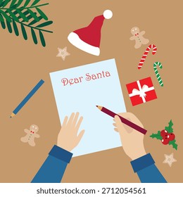 Manos sosteniendo la pluma y escribir una carta a Santa Claus. Navidades lista de deseos. Preparación para las vacaciones de invierno Año Nuevo. Fondo festivo con Ilustración vectorial de decoración de temporada 