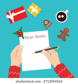 Manos sosteniendo la pluma y escribir una carta a Santa Claus. Navidades lista de deseos. Preparación para las vacaciones de invierno Año Nuevo. Fondo festivo con Ilustración vectorial de decoración de temporada 