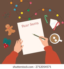 Manos sosteniendo la pluma y escribir una carta a Santa Claus. Navidades lista de deseos. Preparación para las vacaciones de invierno Año Nuevo. Fondo festivo con Ilustración vectorial de decoración de temporada 