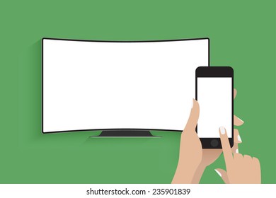 Hands holing smartphone with blank screen. Smartphone is connected to curver television.